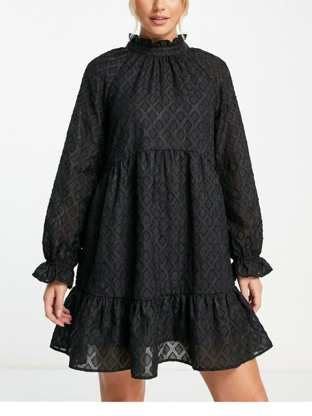 ASOS Black Textured Ruffle High-Neck Mini Dress Size 10 NWT